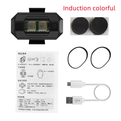 Drone strobe light with multi-colour LEDs, USB Type-C cable, and mounting tape on a ring.