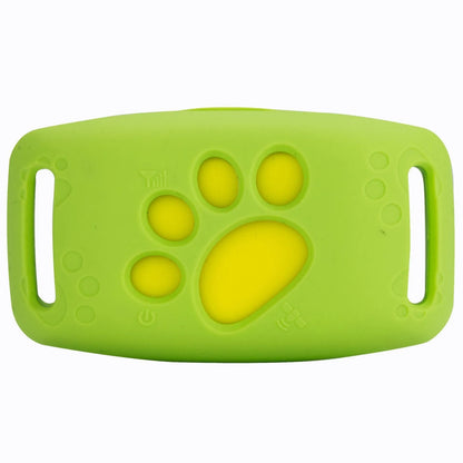 Waterproof GPS pet tracker in black, sky blue, pink, and grass colour options showing compact 65.5mm design