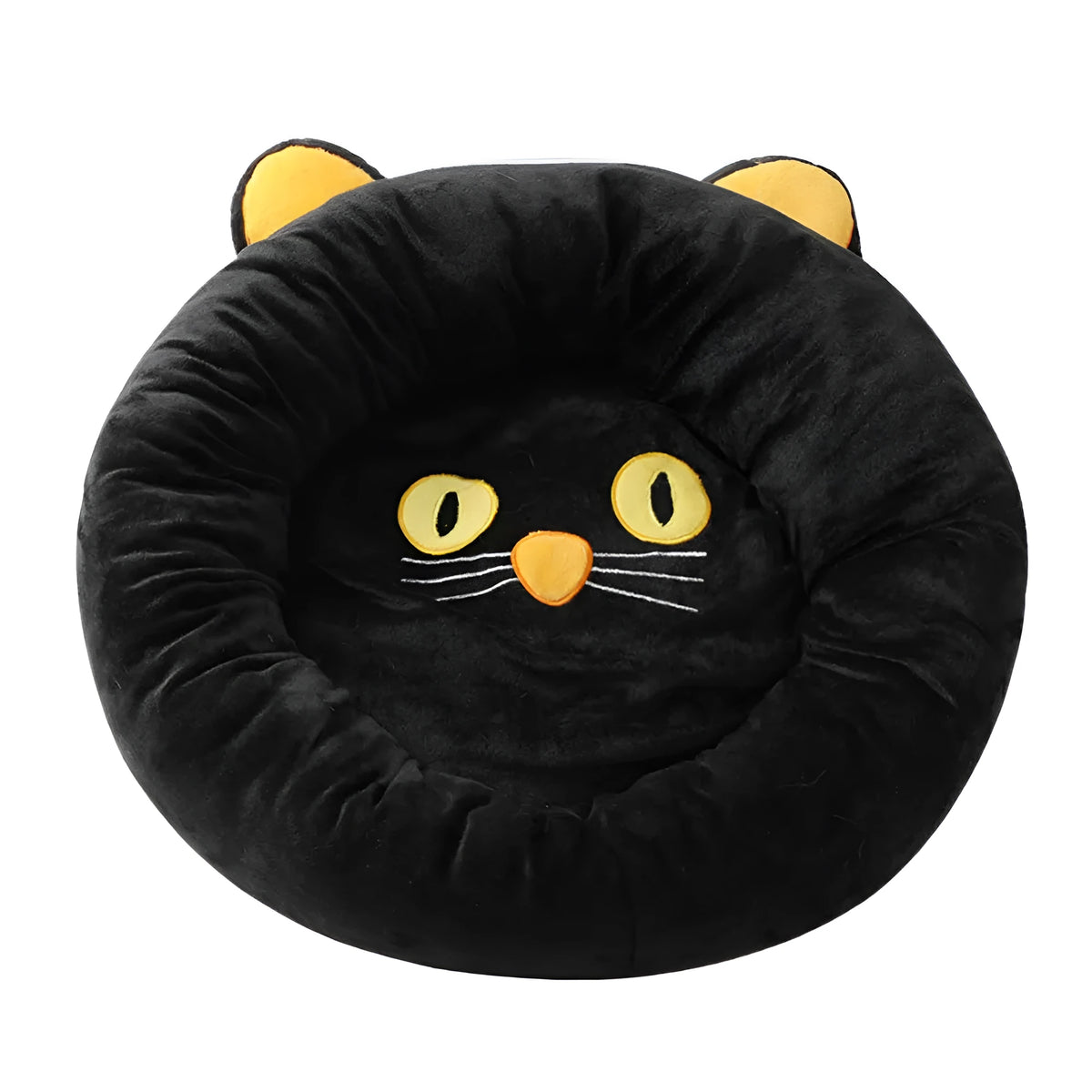 Black cat-shaped velvet pet nest bed with raised edges showing S and M size options