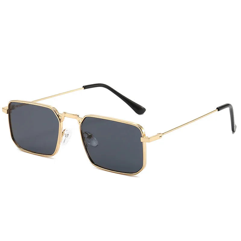 Square men's steampunk sunglasses with a quadrilateral frame, shown in gold, silver, and black colour options.
