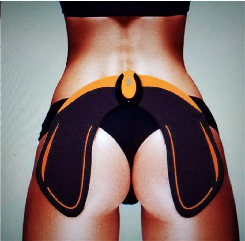 Compact EMS muscle stimulator unit with remote control and gel pads for abdominal and buttock toning.