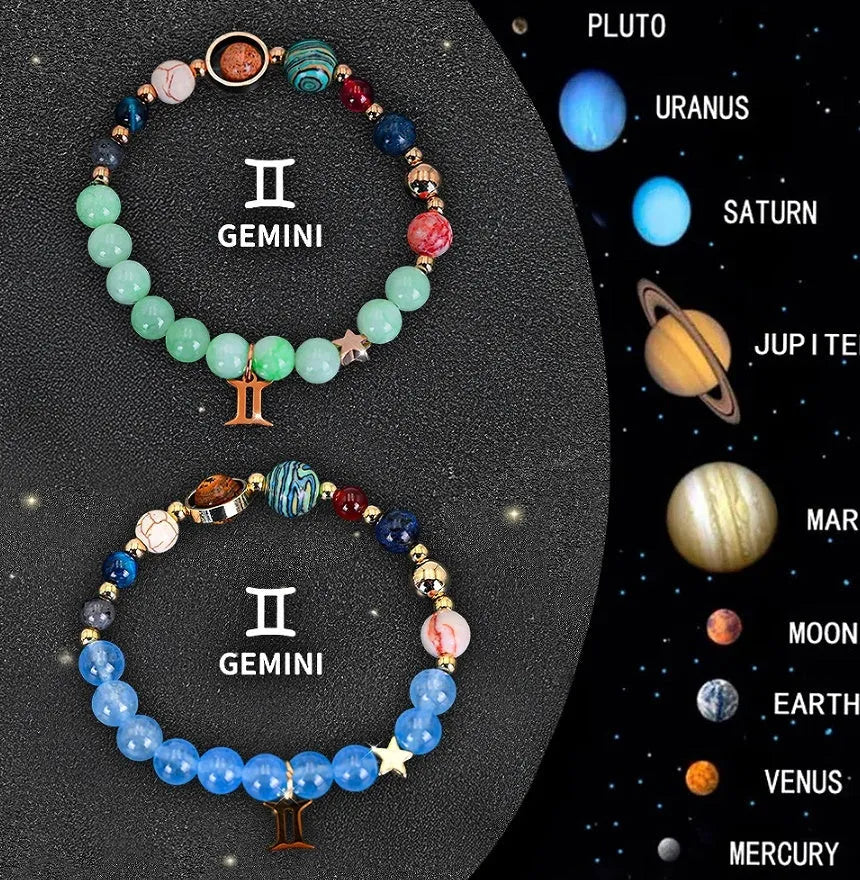 Two adjustable zodiac bracelets with natural stone beads and stainless steel charms showing 18-22cm circumference