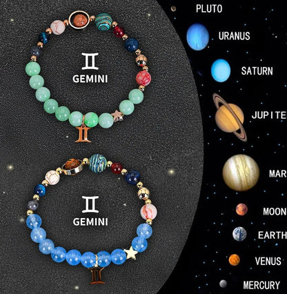 Two adjustable zodiac bracelets with natural stone beads and stainless steel charms showing 18-22cm circumference