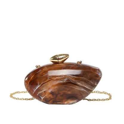 Oval shell goose egg acrylic evening bag with chain shoulder strap, hard outer and mobile phone bag section