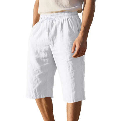 Men's linen shorts in light blue with drawstring waist and cropped straight-leg design