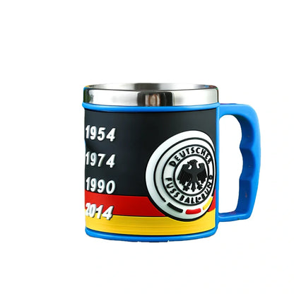 World Cup football mug in team colours with 7.6cm diameter and rubber-metal construction