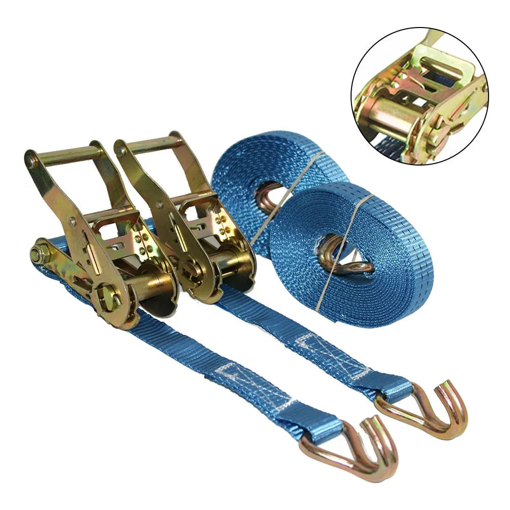 Heavy duty steel ratchet tensioner strap with double hooks and polyester webbing for cargo securing.