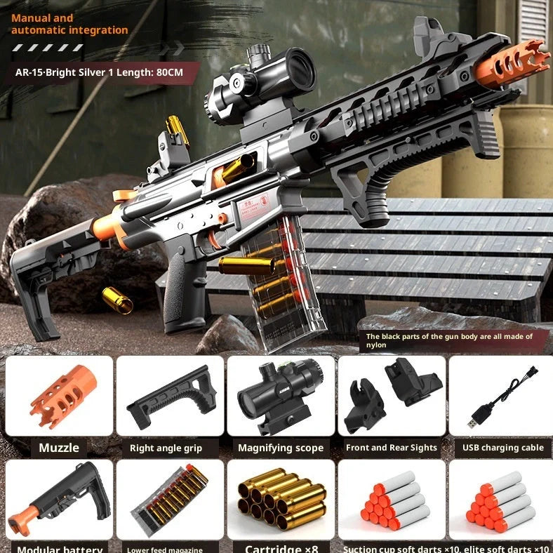 AMT ARP9 red soft bullet gun with vertical grip and red dot sight attached, 63cm length