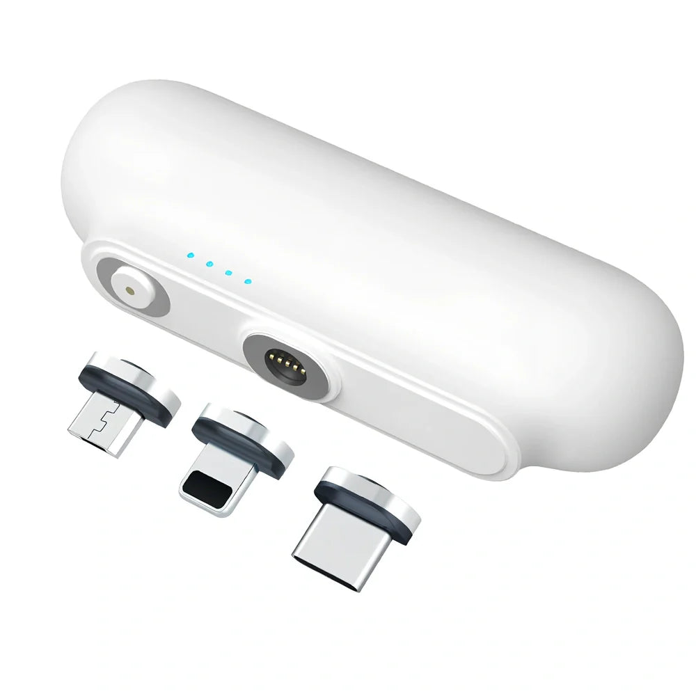 Black and white magnetic mini power bank showing compact dimensions and interchangeable charging heads