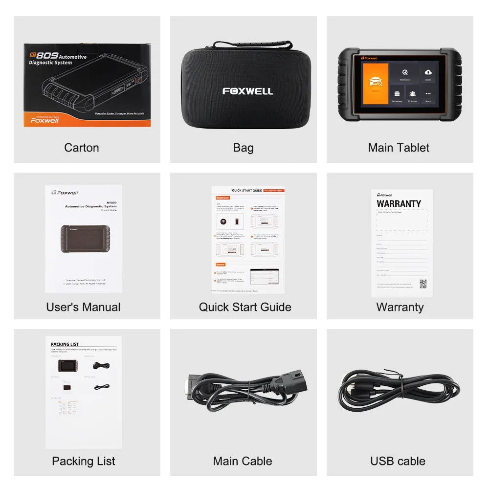 NT809 automotive diagnostic scanner with main unit, diagnostic cable and OBDII adapter for full system vehicle detection