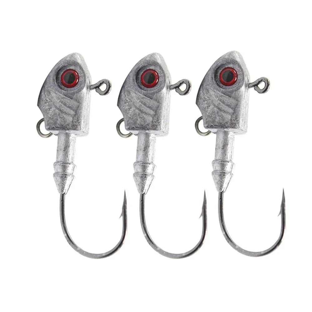 Pack of three Yayu shaped lead head fishing lures in Blue, Sliver or Yellow colour.