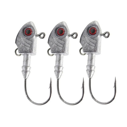 Pack of three Yayu shaped lead head fishing lures in Blue, Sliver or Yellow colour.