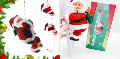 Electric plastic Santa Claus on 30cm climbing ladder with riding deer, in red suit, for Christmas decorations