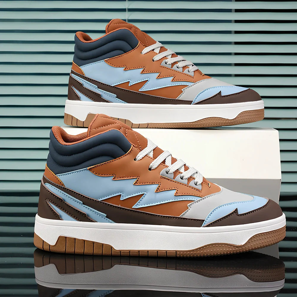 Men's high-top lace-up sneakers in brown with artificial leather uppers and rubber soles showing round toe design