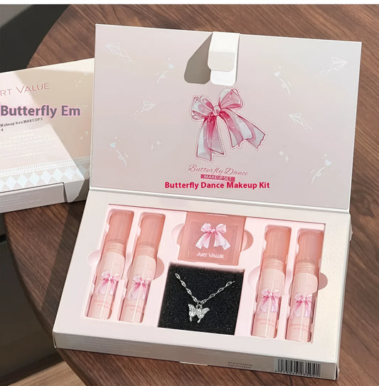 Butterfly Box Suite makeup set with matte lip muds, powder blusher, and necklace in pink butterfly design