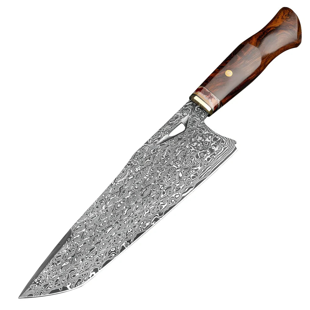 Damascus steel kitchen knife with 21.8cm blade and milky off-white finish on cutting board
