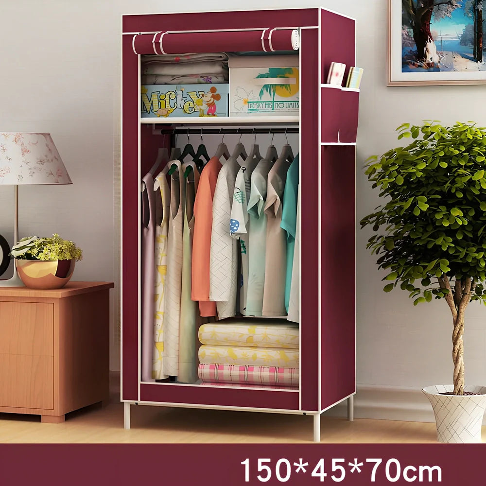 Single dormitory wardrobe with steel frame and fabric enclosure measuring 70×45×150cm