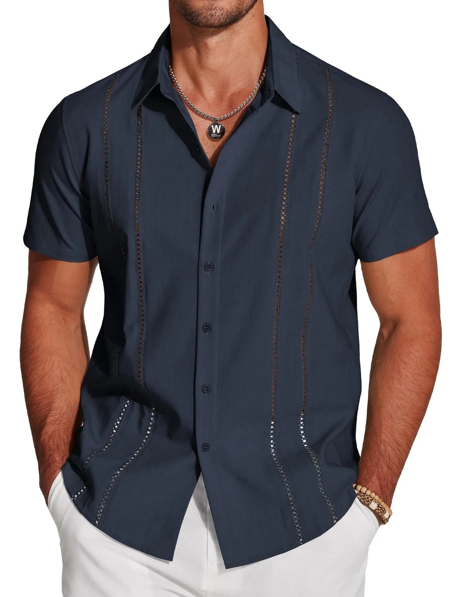 Men's slim fit Hawaiian short sleeve shirt with a colourful digital print pattern.