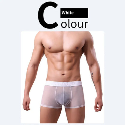 Men's thin knit boxer shorts in black, laid flat to show seamless design and waistband.