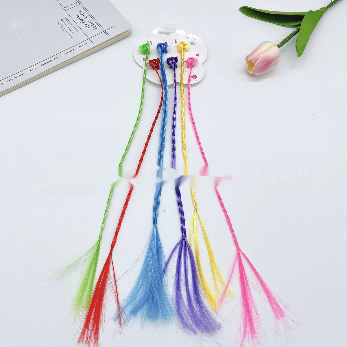 Colourful braided bow hair barrettes for children, 12-card pack with rainbow and macaron colour options