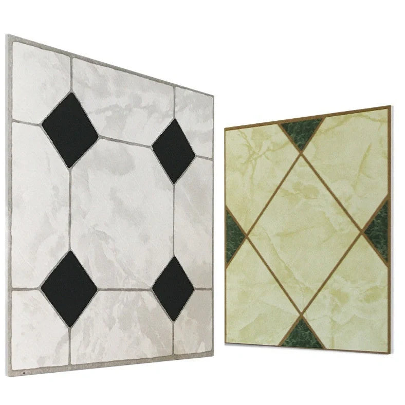 Self-adhesive vinyl flooring tile showing 30cm x 30cm dimensions with peel-and-stick backing visible