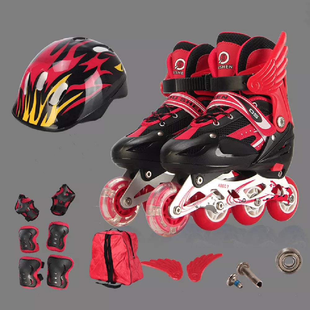 Adjustable children's skating shoes in yellow, red, blue, black, and pink with protective gear