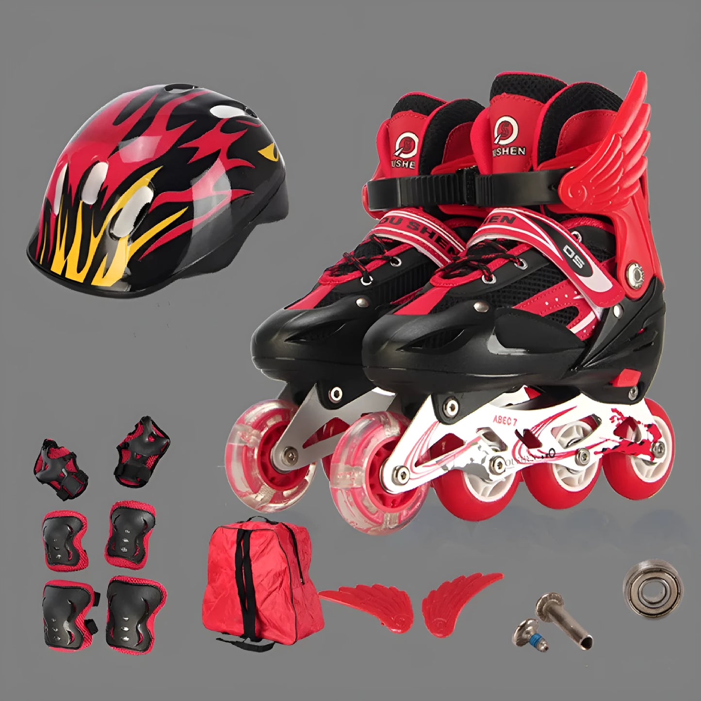 Adjustable children's inline skates in multiple colours with aluminium frame, helmet, protective gear, and backpack.