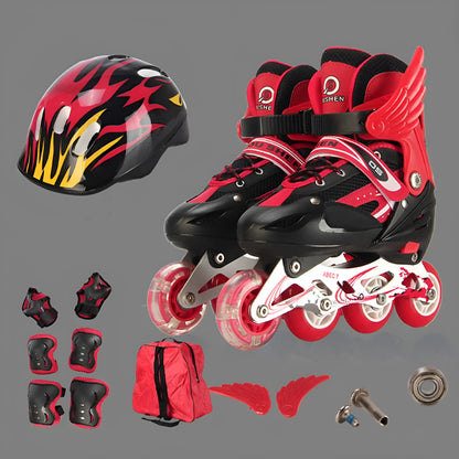 Adjustable children's inline skates in multiple colours with aluminium frame, helmet, protective gear, and backpack.