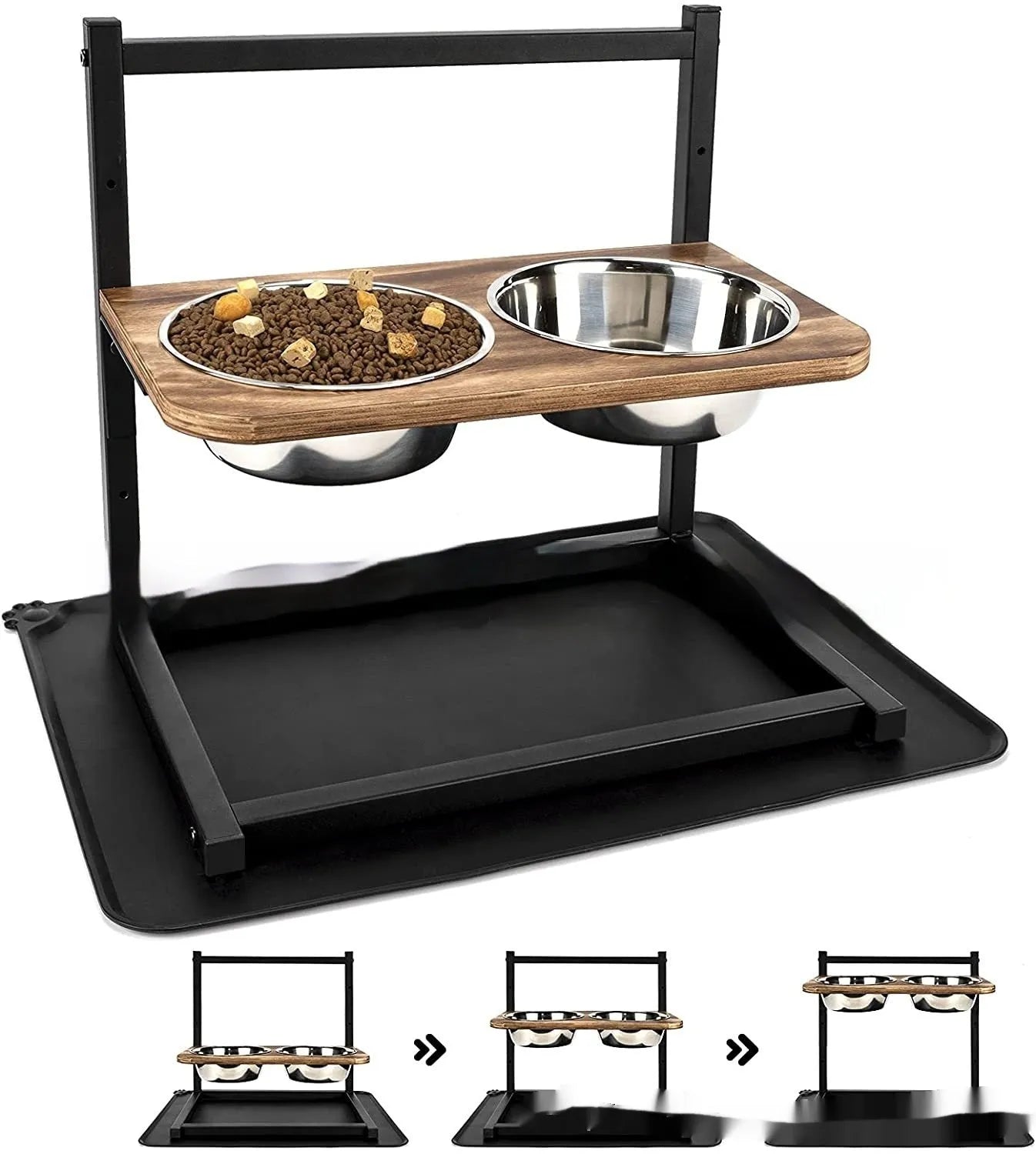 Black iron elevated dog food and water bowl stand with rack, 42 cm long by 40 cm high.