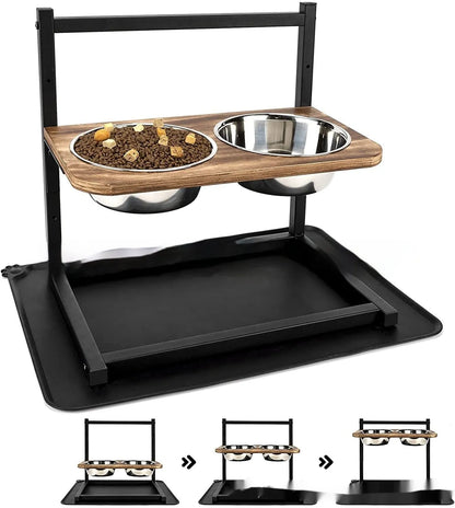 Black iron elevated dog food and water bowl stand with rack, 42 cm long by 40 cm high.
