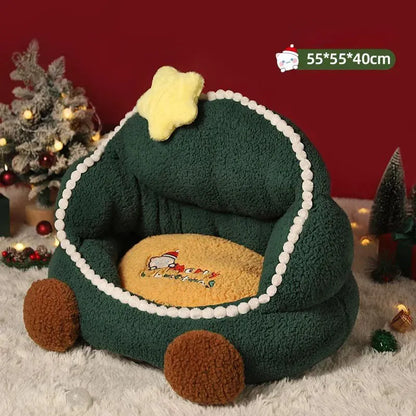 Green Christmas tree shaped closed cat nest with removable washable cover for winter and all season indoor use