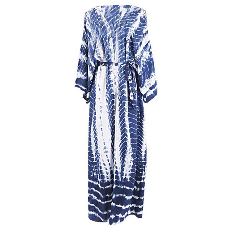 Printed cotton beach cover-up shirt in DN0712 series colours showing loose fit and 135cm length for sun protection