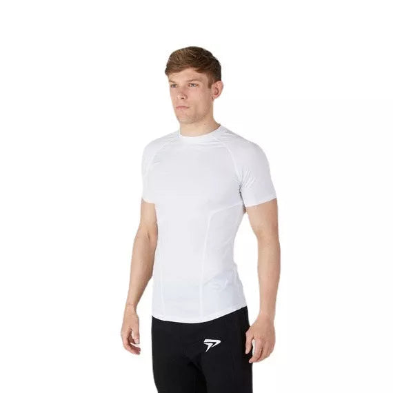 Men's quick-dry sports t-shirt in white, red, and black for fitness workouts