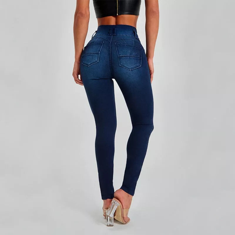Women's high waist skinny jeans in dark blue and light blue, sizes S-XXL