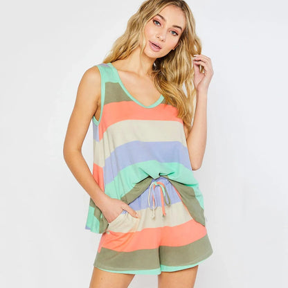 Women's rainbow stripes short sleeve pajama set for night lounge and sleep