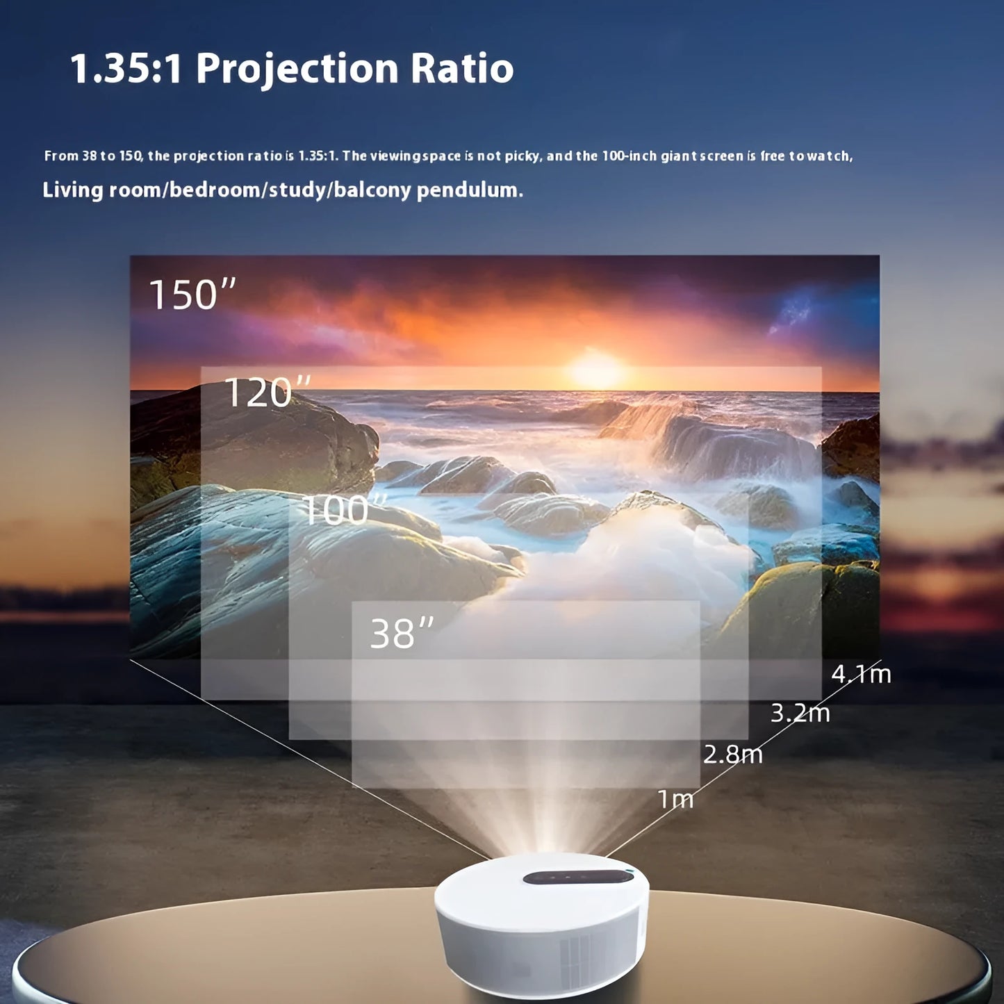 White HD smart home cinema projector with remote control on a wooden surface.