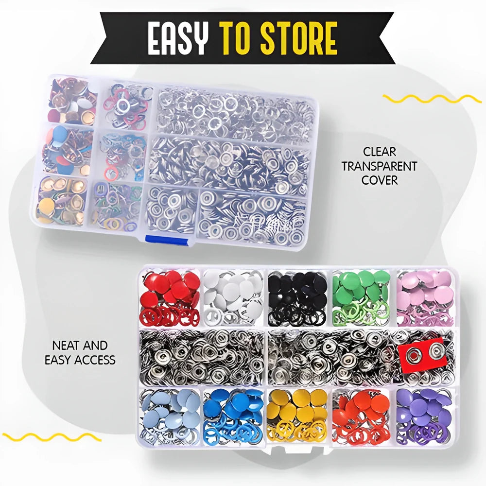 Premium metal snap buttons in 10 bright colors with easy-to-use fastener pliers for sewing and crafting projects