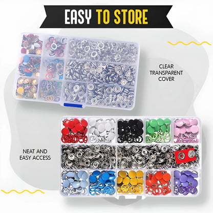 Premium metal snap buttons in 10 bright colors with easy-to-use fastener pliers for sewing and crafting projects