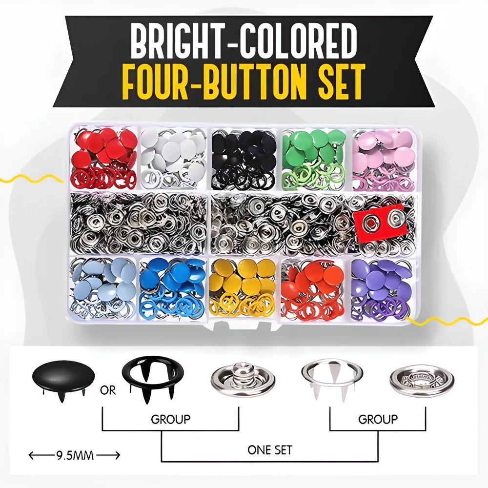 Premium metal snap buttons in 10 bright colors with easy-to-use fastener pliers for sewing and crafting projects