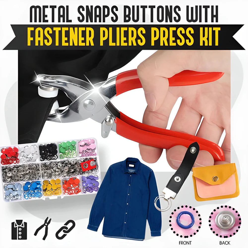 Premium metal snap buttons in 10 bright colors with easy-to-use fastener pliers for sewing and crafting projects