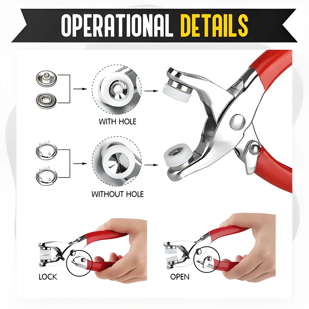 Premium metal snap buttons in 10 bright colors with easy-to-use fastener pliers for sewing and crafting projects