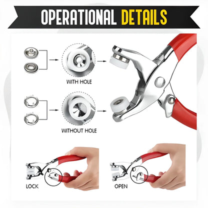 Premium metal snap buttons in 10 bright colors with easy-to-use fastener pliers for sewing and crafting projects