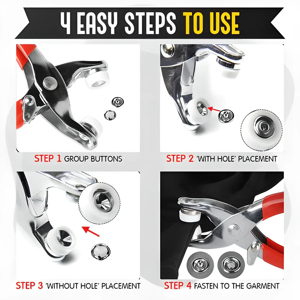 Premium metal snap buttons in 10 bright colors with easy-to-use fastener pliers for sewing and crafting projects