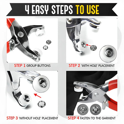 Premium metal snap buttons in 10 bright colors with easy-to-use fastener pliers for sewing and crafting projects