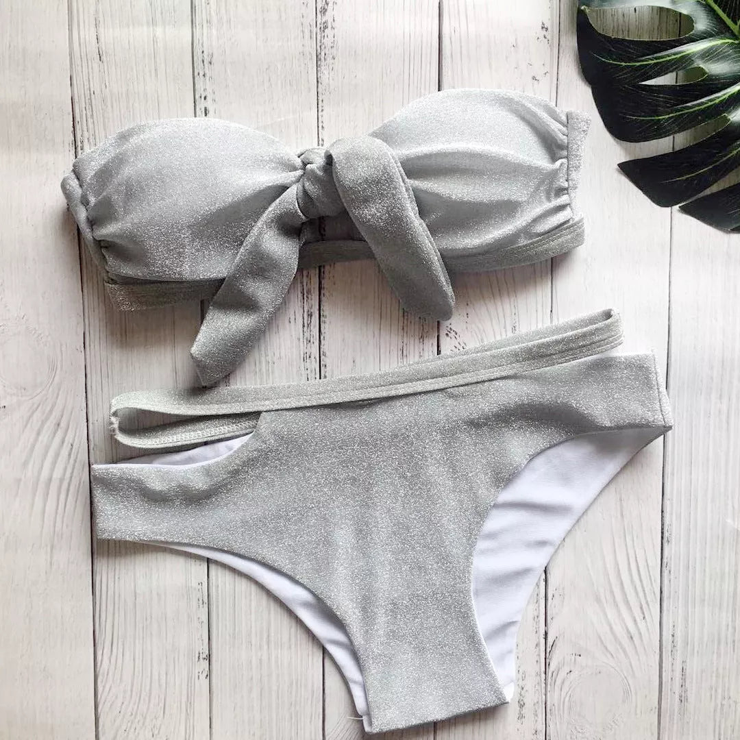 Black sequined knit bikini with stretchable fabric for swimming and beach outings