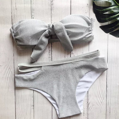 Black sequined knit bikini with stretchable fabric for swimming and beach outings