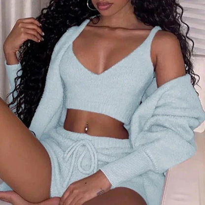 Cozy 3-Piece Women's Pajama Set with Long Sleeve Crop Top and Drawstring Shorts in various colors