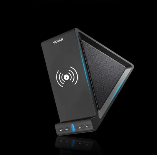 Black Bluetooth speaker with integrated phone stand and wireless charging pad, dimensions 165x80x130mm