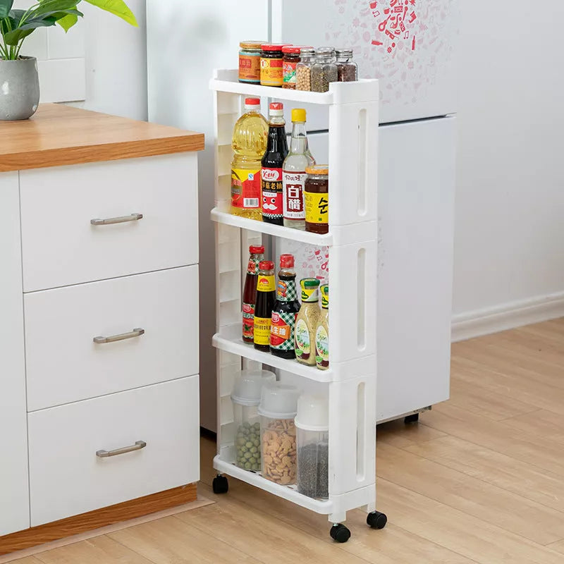 Wheeled kitchen storage rack in white and grey, offering space-saving organization with durable PP plastic construction.