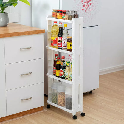 Wheeled kitchen storage rack in white and grey, offering space-saving organization with durable PP plastic construction.
